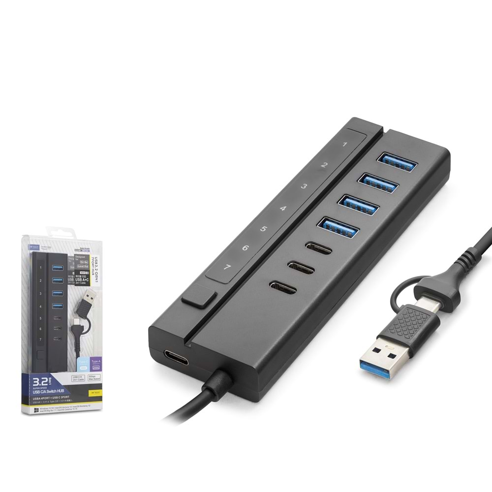 Hadron HDX7062 İetop Usb Hub 5Gbps 4x Usb-A 3.2 + 3x Usb-C 3.2 7 Port 2in1 Kablolu Çoklayıcı Siyah