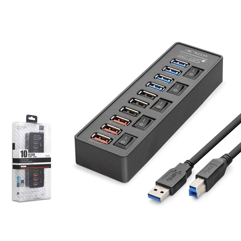 Hadron HDX7063 İetop USB Hub 5Gbps 4x USB 3.1 + 3x USB 2.0 + 3x Fast Charge 10 Port Çoklayıcı Siyah
