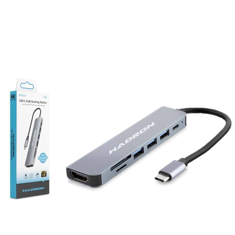 HADRON HDX7835 Type-C Combo Hub HDMI 4K USB 3.0 Kart Okuyucu 7 Port - Gri