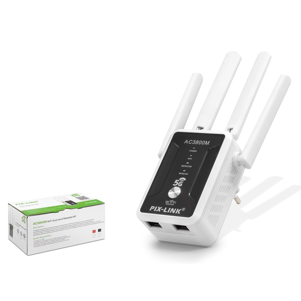 Pix-Link Lv-Ac32Q AC1200 Dual Band WiFi Sinyal Güçlendirici Repeater 1200Mbps Siyah / Beyaz