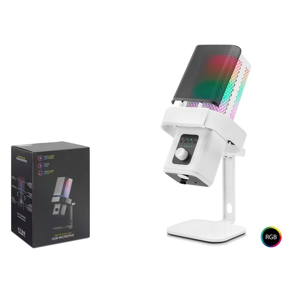 Hadron M6W Profesyonel Masaüstü RGB Gaming Mikrofon - 192kHz/24Bit USB ve Type-C Beyaz