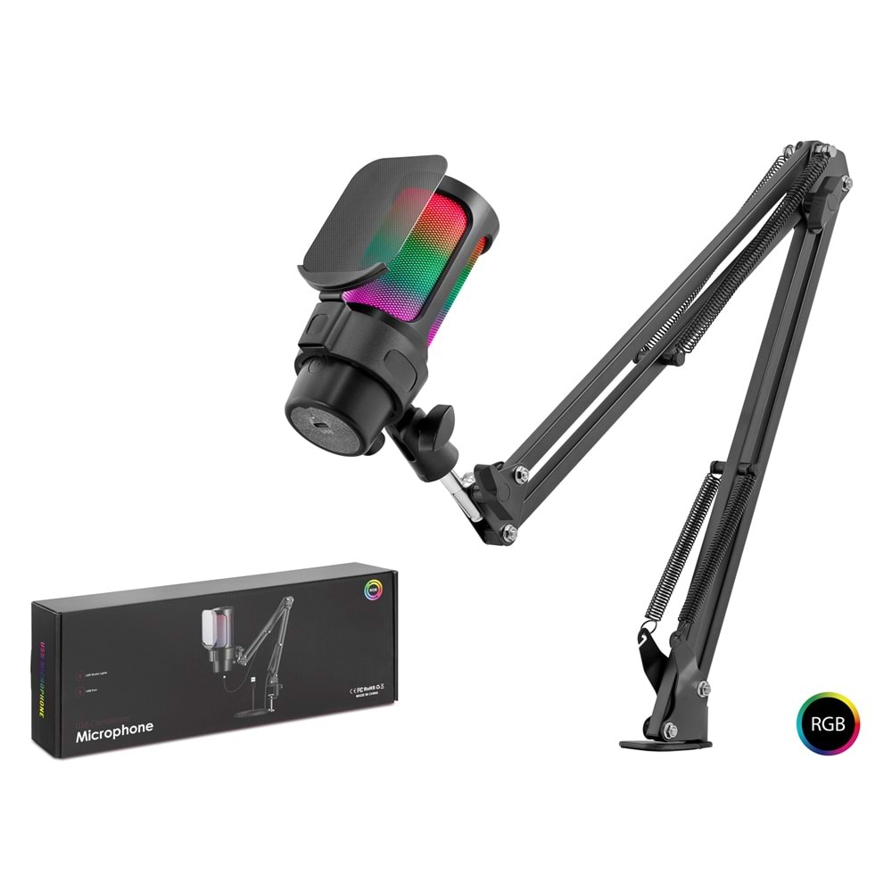 Hadron M835B Profesyonel Ayarlanabilir Masa Kolu Askılı RGB Gaming Mikrofon - 192kHz/24Bit USB Type-C Siyah