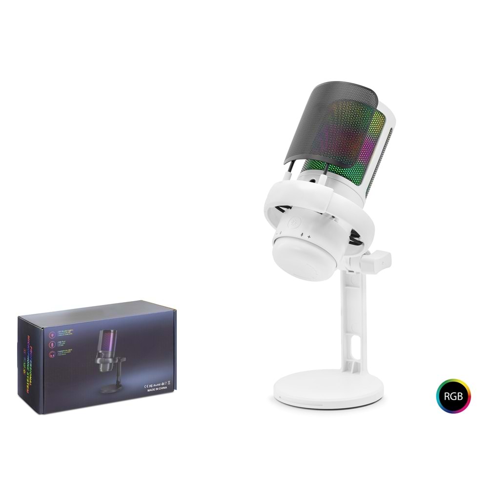 Hadron Me6PW Profesyonel RGB Gaming Mikrofon - 192kHz/24Bit USB Type-C Beyaz