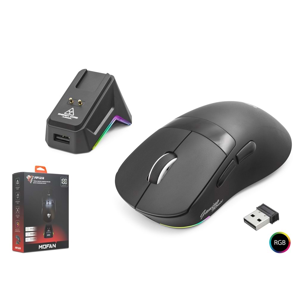MOFAN MF1216B Kablosuz Gaming RGB Mouse Şarj Standlı - Siyah