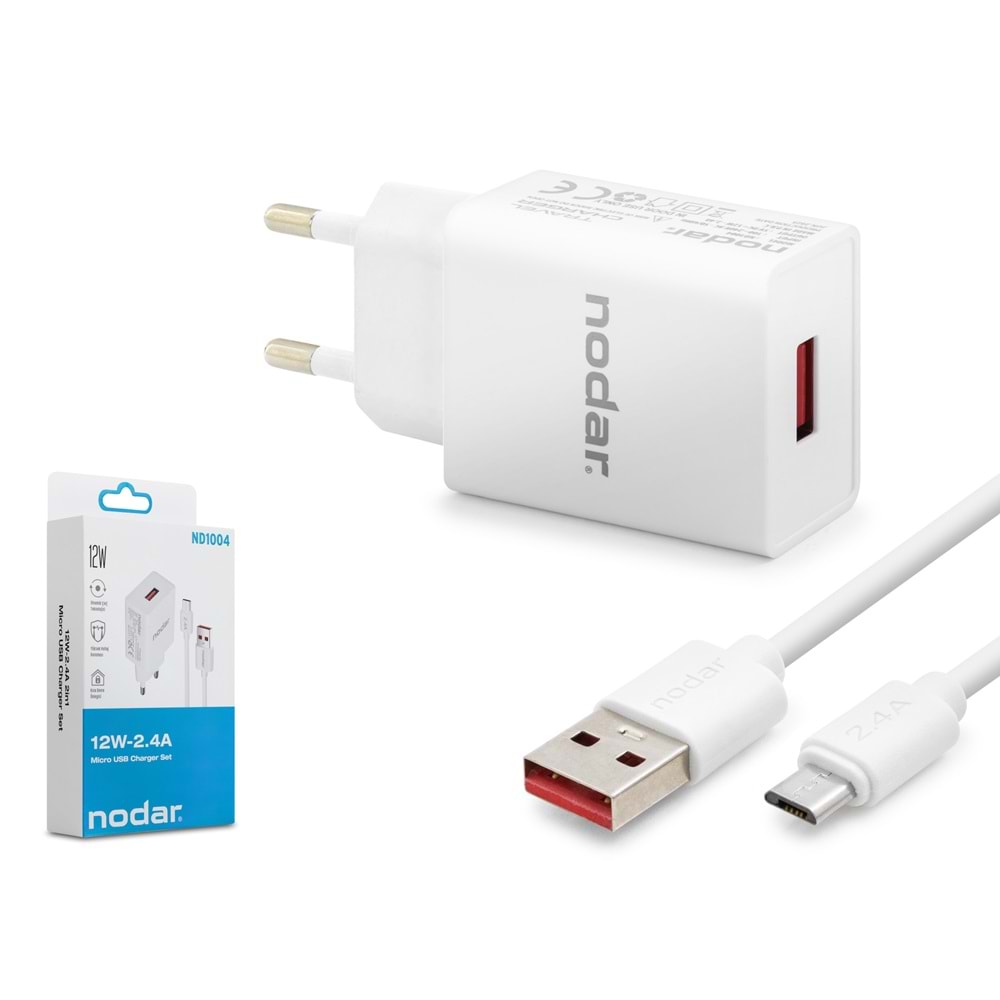 NODAR ND1004 Micro USB Hızlı Şarj Seti 12W 2.4A USB Adaptörlü - Beyaz