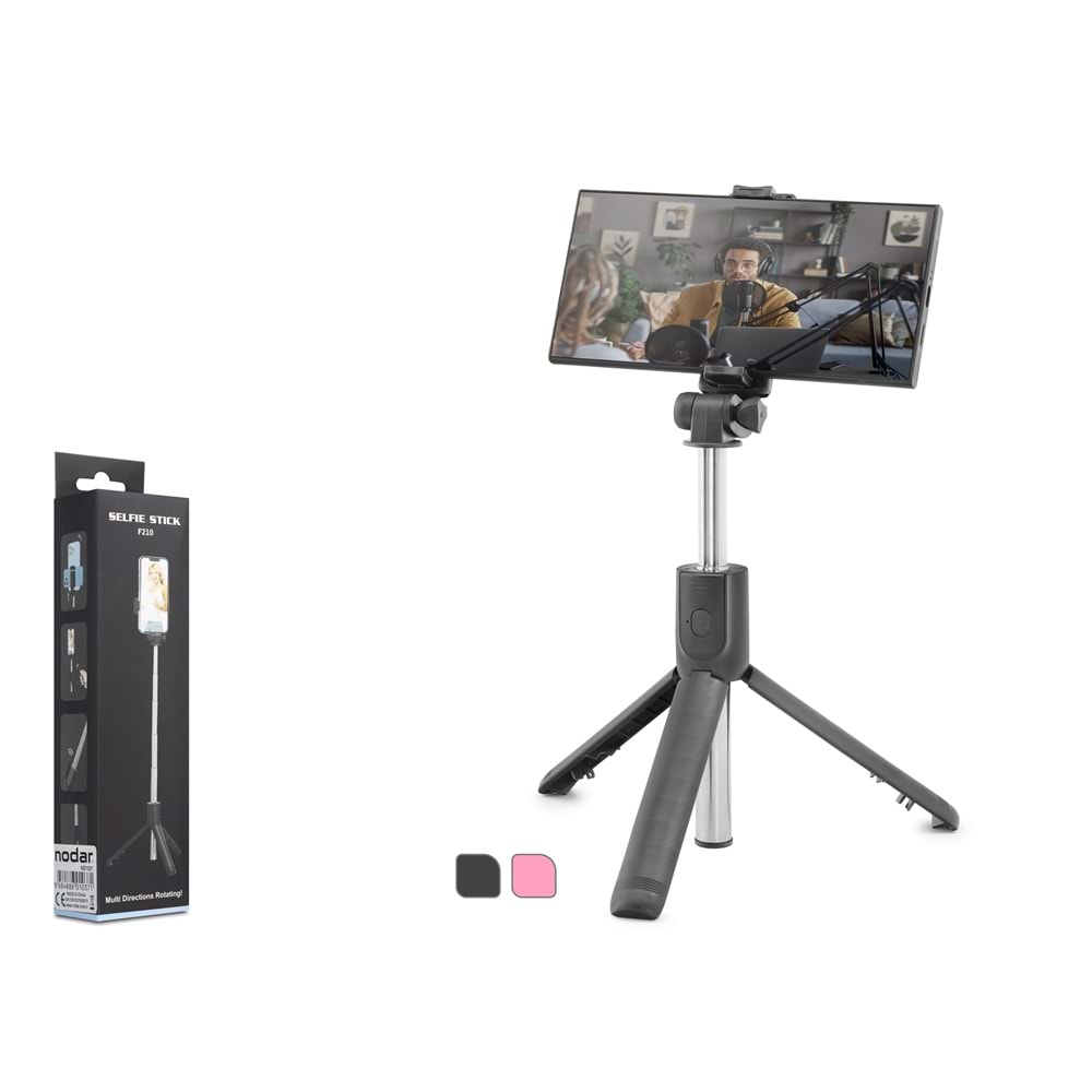 Nodar N1037 Tripod Selfie Çubuğu - 69 cm, Bluetooth Uzaktan Kumandalı (Siyah/Pembe)