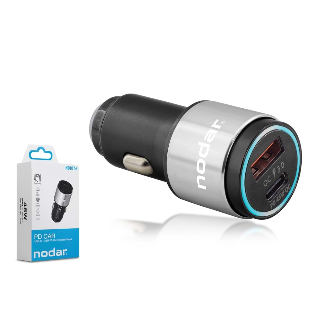 Nodar Nd1076 Usb + Type-C Pd Metal Araç Şarj Q.C 3.0 45W Silver-Siyah