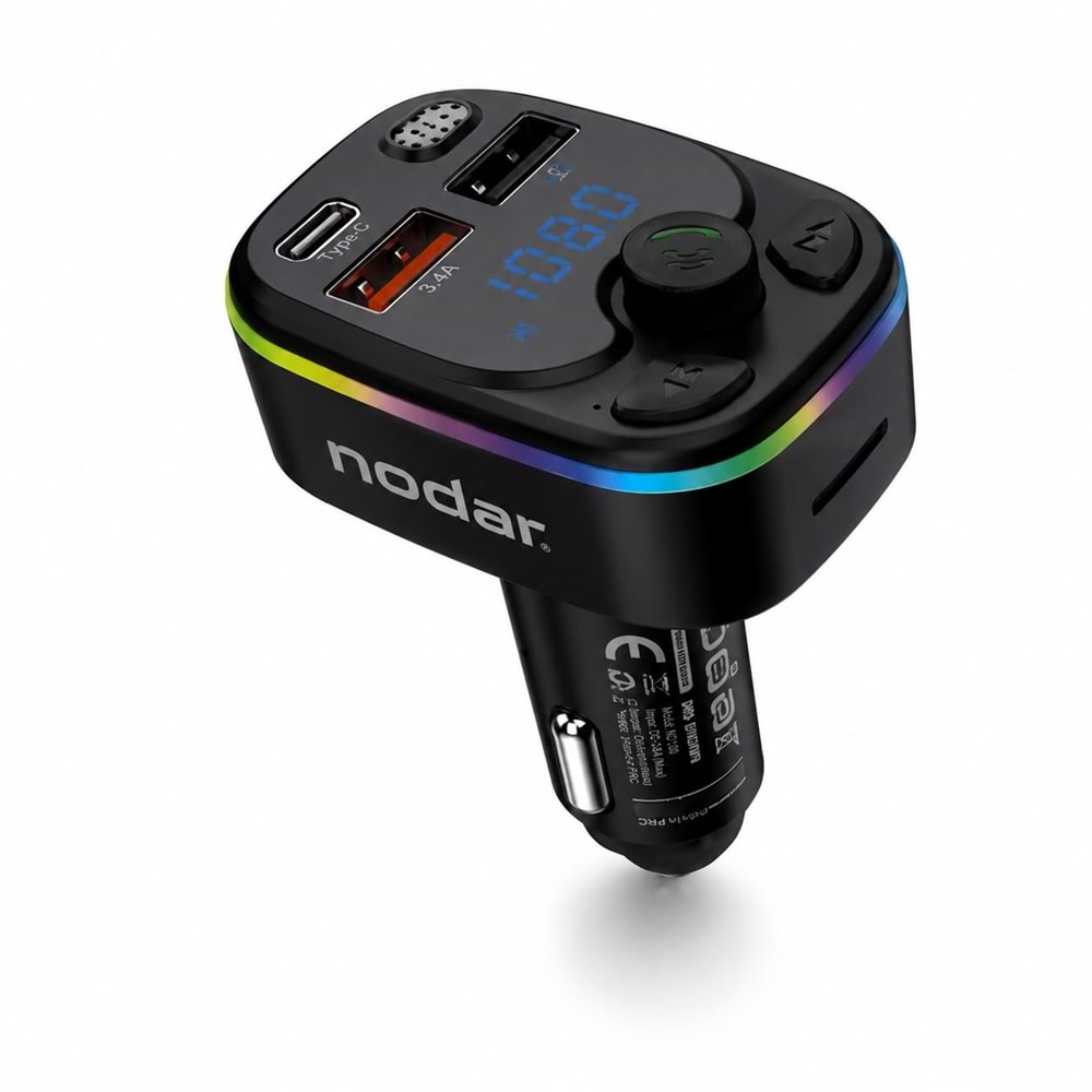 NODAR ND1100 Bluetooth 5.3 FM Transmitter PD 20W Şarj Cihazlı LED Ekranlı RGB Aydınlatmalı Siyah