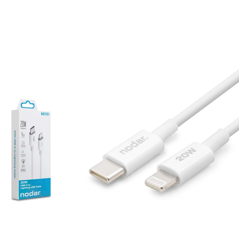Nodar ND1151 Type-C – Lightning Şarj ve Data Kablosu 20W 1m Beyaz