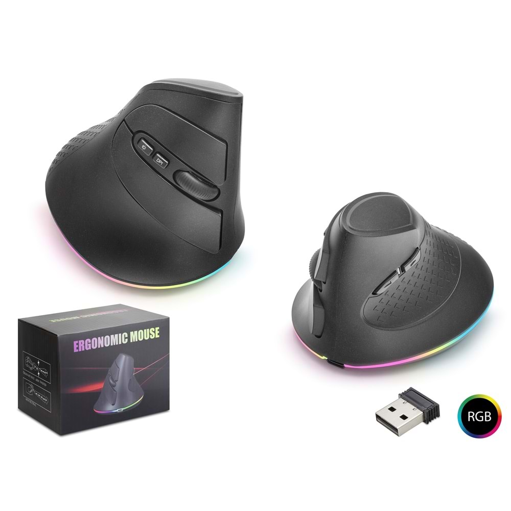 Nodar Nd1214 Ergonomik Dikey Mouse – Kablosuz, Bluetooth & Kablolu – 7200 DPI, 6 Tuş, RGB (Siyah)