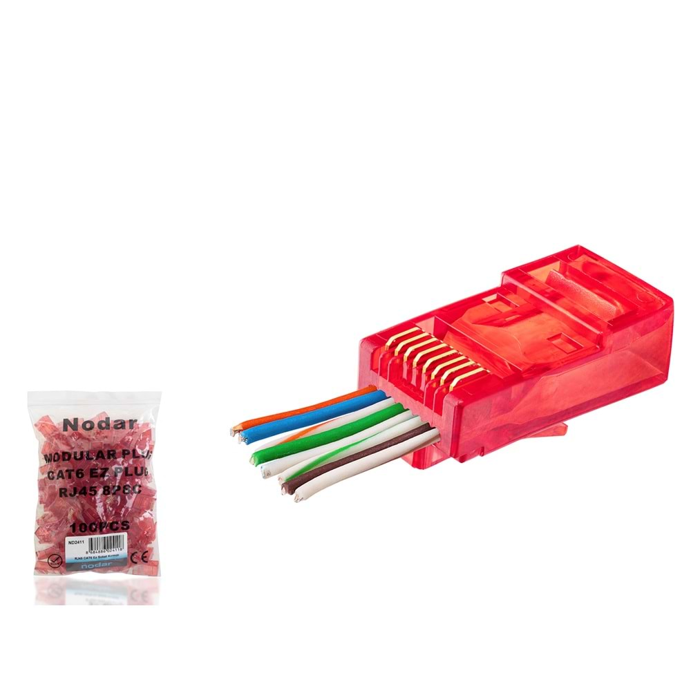 Nodar ND2411 Cat6 Konnektör Ezrj45 100Lü Paket Kırmızı