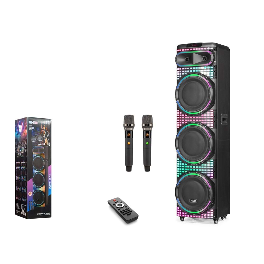 NDR NDR3260 Çift Karaoke Mikrofonlu Bluetooth Hoparlör FM Radyo 80W 2x12 İnç RGB Kumandalı Siyah