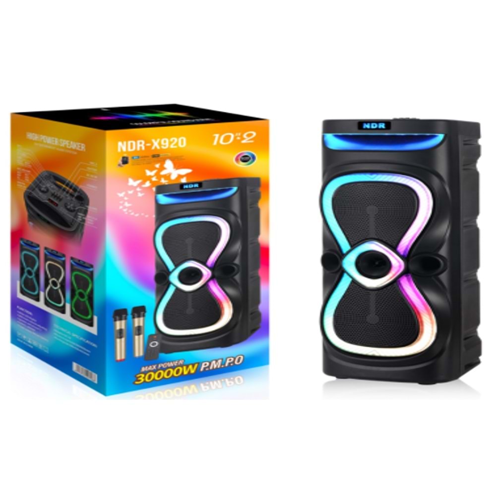 NDR NDR-X920 2x10 İnç Bluetooth Kabin Karaoke Hoparlör FM Radyo USB TF AUX RGB Çift Mikrofonlu Kumandalı Taşınabilir - Siyah