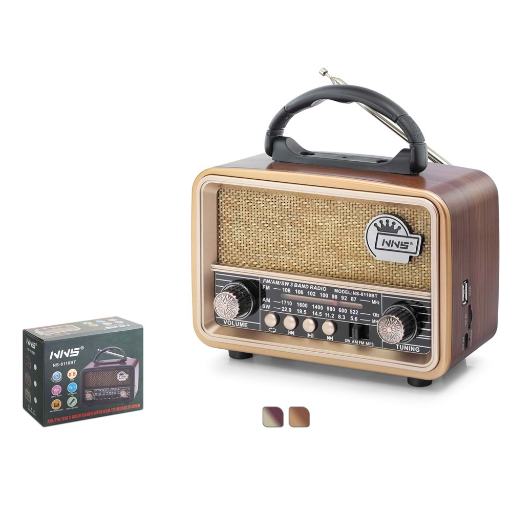 NNS NS8110BT Bluetooth Nostaljik Hoparlör FM 18 x 9.6 x 13.8 cm