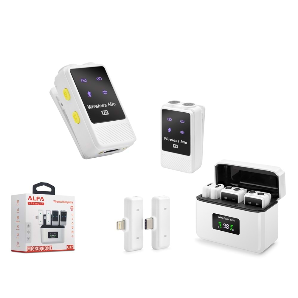 HADRON Q12 Type-C ve Lightning Kablosuz Çiftli Yaka Mikrofon Seti Dijital Ekranlı Şarj Kutulu - Beyaz