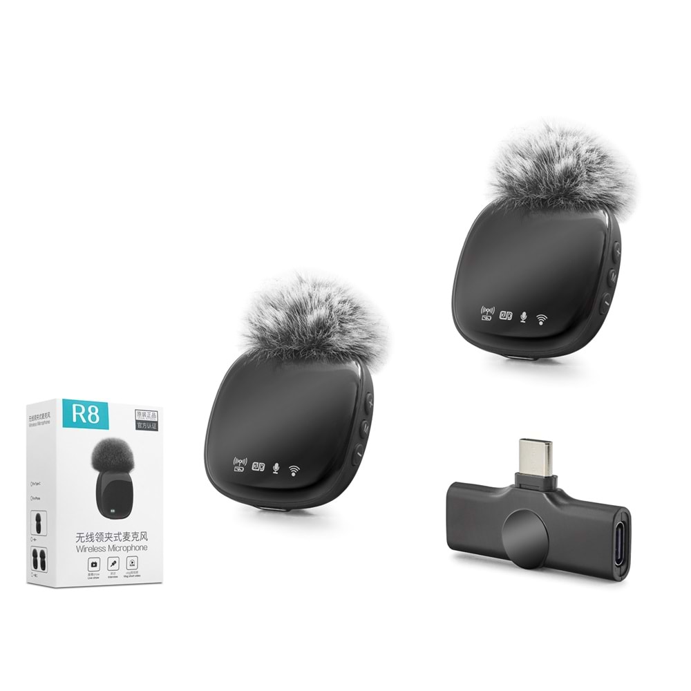 HADRON R8 Type-C Kablosuz Çiftli Yaka Mikrofon Seti – Siyah