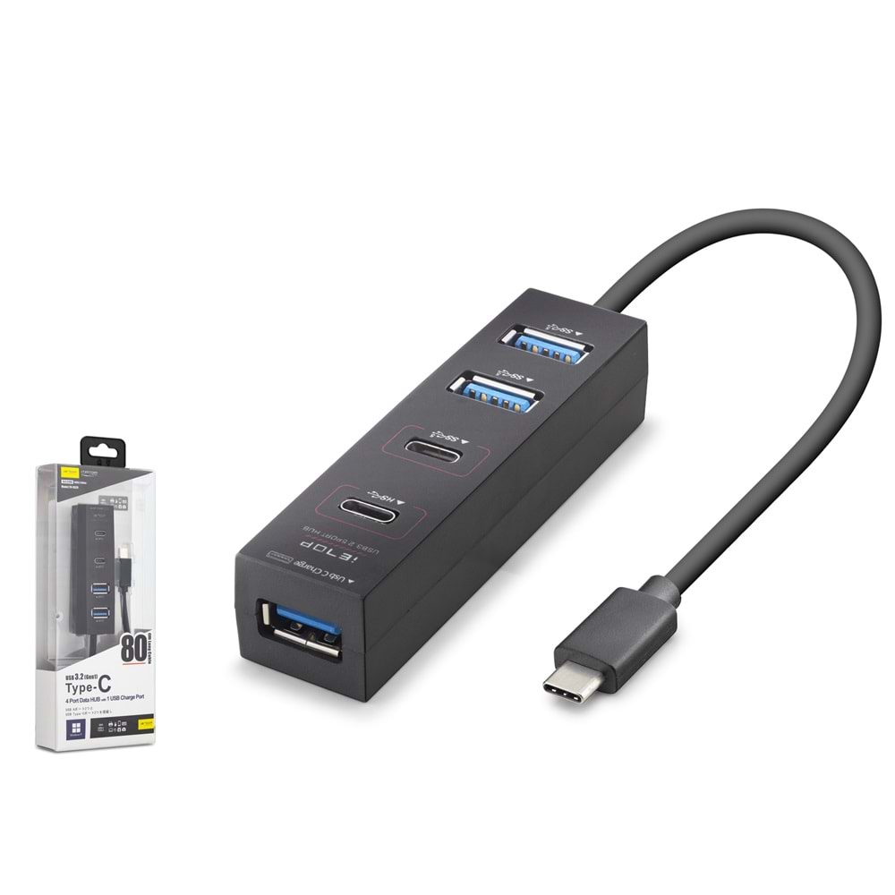 iETOP TU0529 Type-C 3.2 Gen1 Hub 4 Port 5 Gbps 80 cm Siyah