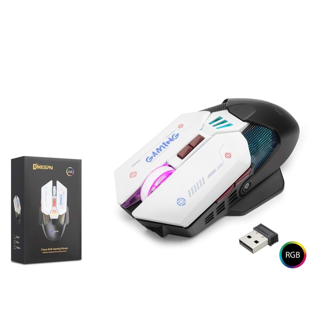 Mkespn W19 Gaming Mouse Kablosuz + Kablolu 10000 Dpi 7 Tuş Makro 1000Hz Rgb Oyuncu Mouse Siyah-Beyaz