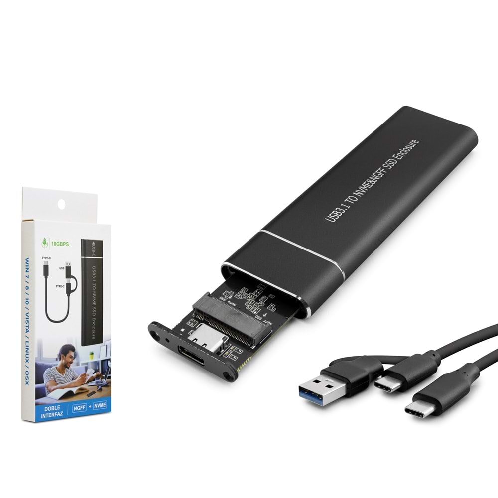 HADRON HDX1769 SSD KUTUSU NVME M2 USB-C+USB (CHIP JMS581D) SİYAH